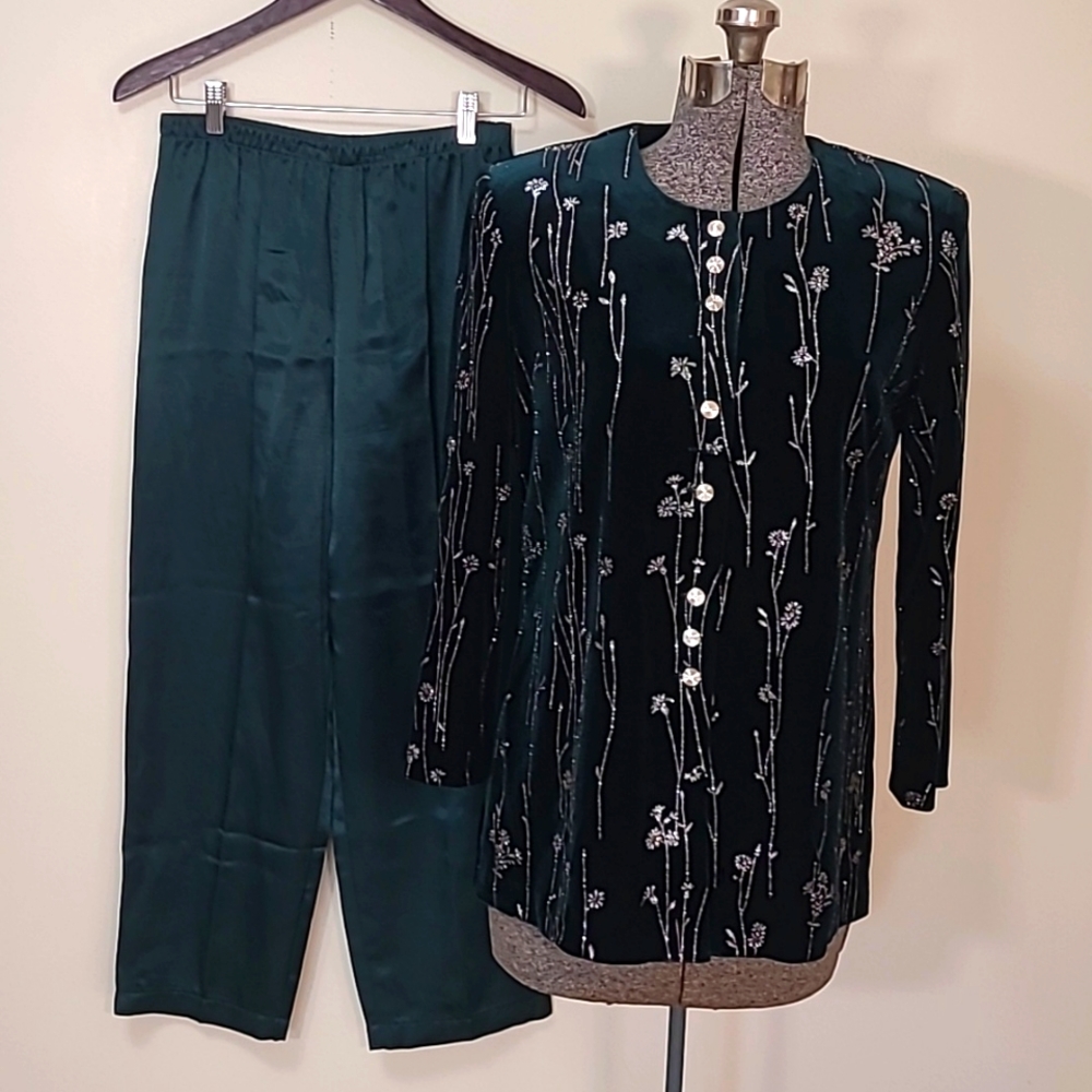 Vtg Green Velvet & Satin Glitter Detail Evening Pants & Jacket Outfit Holiday 8P